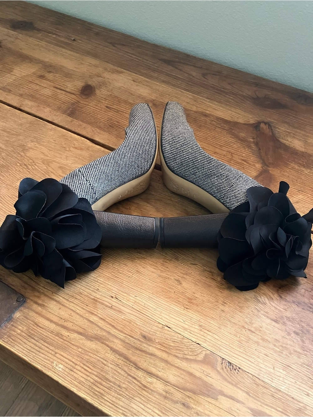 Black & White Tweed Block Heel Pumps with Floral Heel Accent - Picture 8 of 11